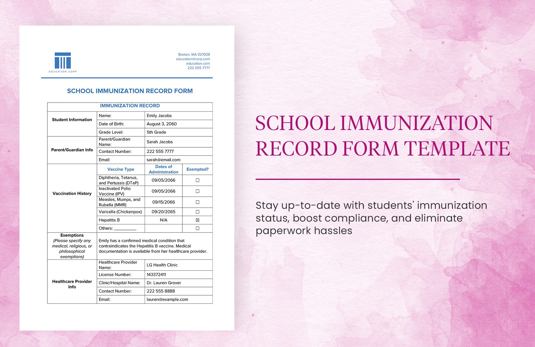 School Immunization Record Form Template in Word, Google Docs, PDF