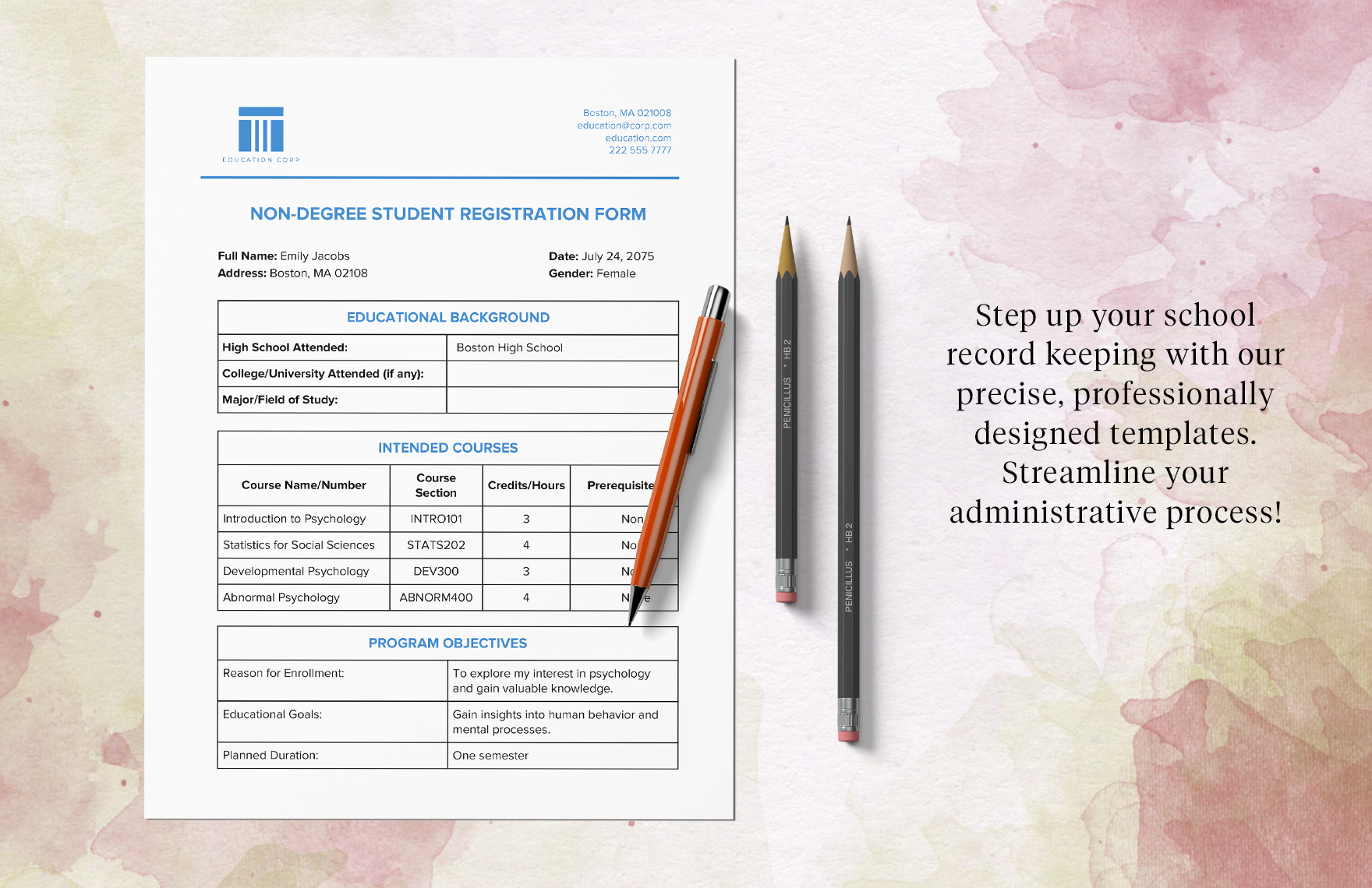 Non-Degree Student Registration Form Template