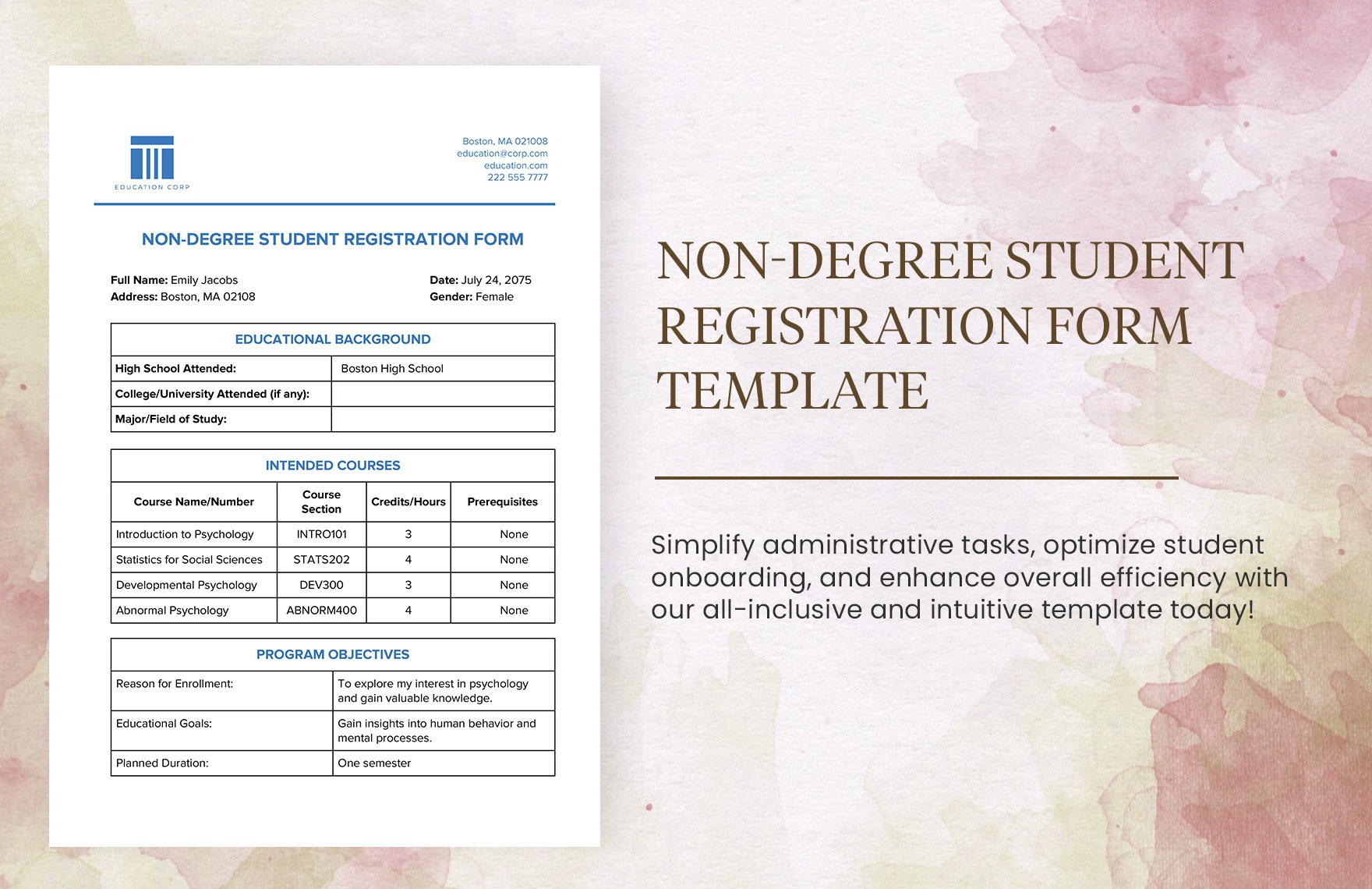 Non-Degree Student Registration Form Template