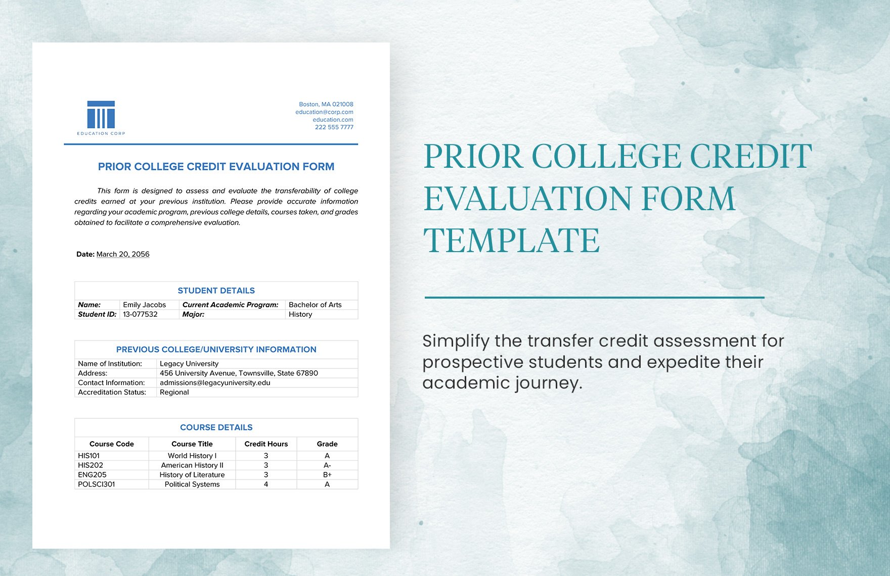 Prior College Credit Evaluation Form Template