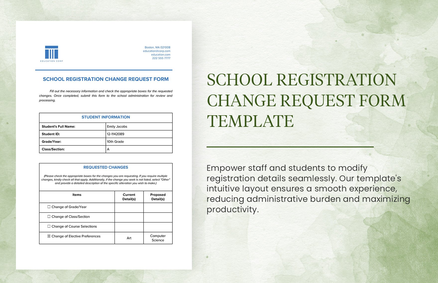 School Registration Change Request Form Template