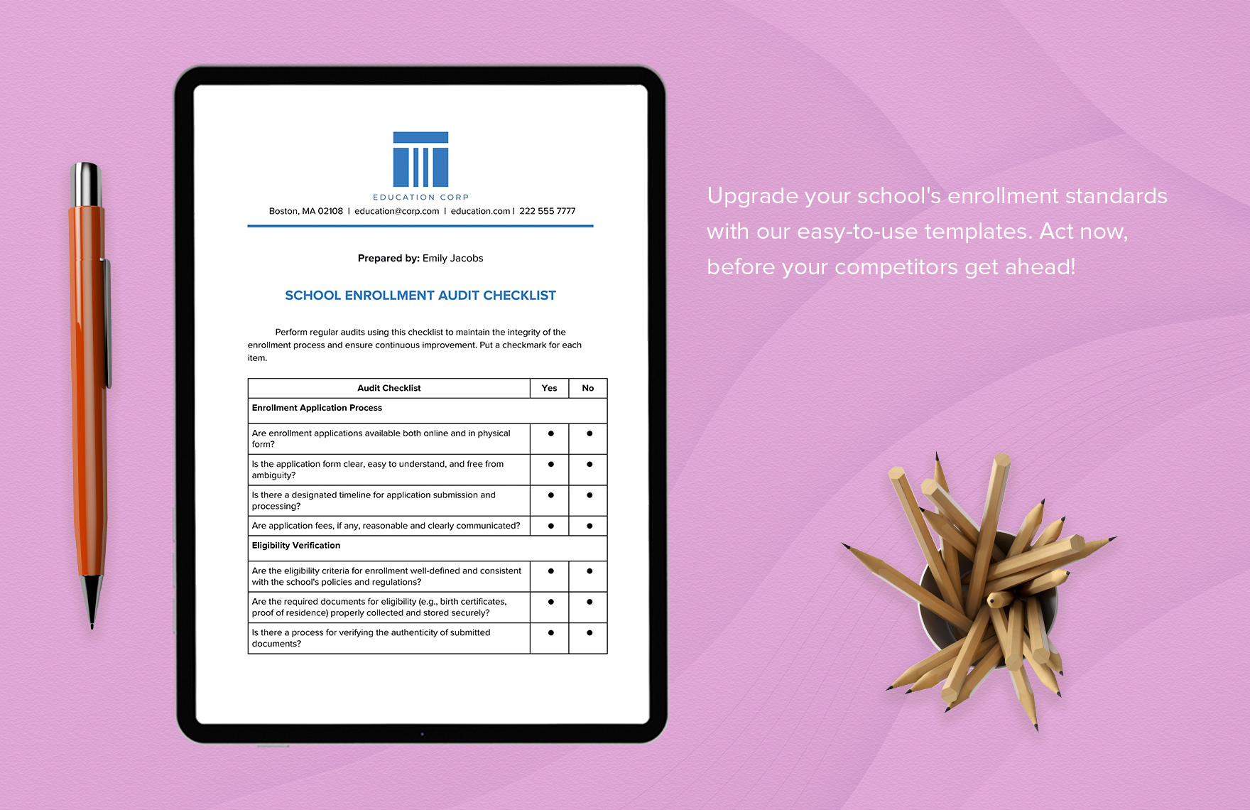 School Enrollment Audit Checklist Template