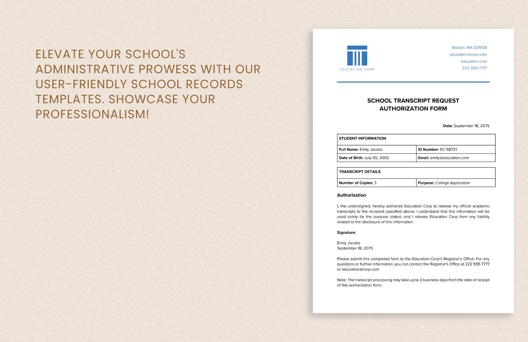 School Transcript Request Authorization Form Template