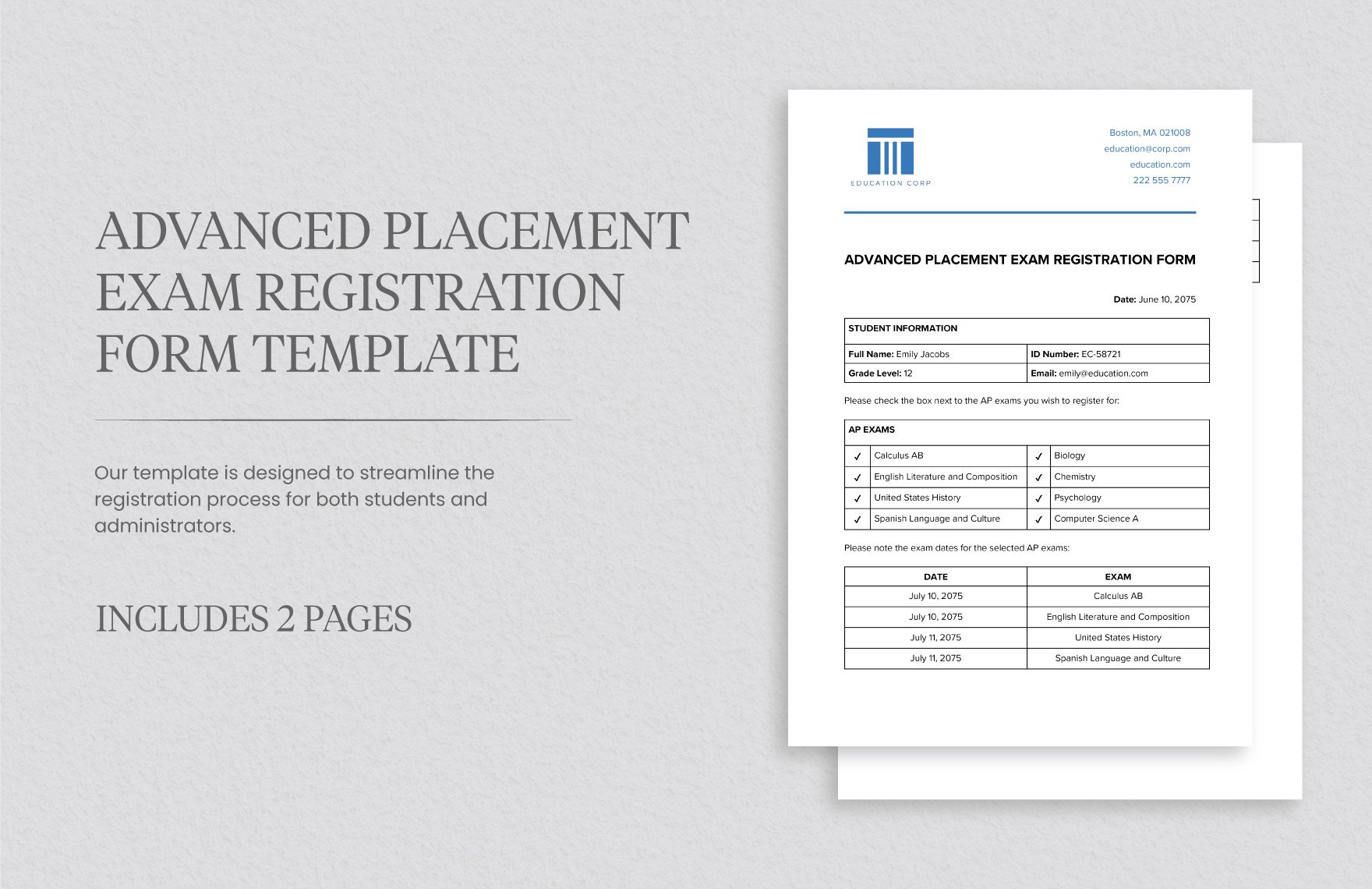 Advanced Placement Exam Registration Form Template