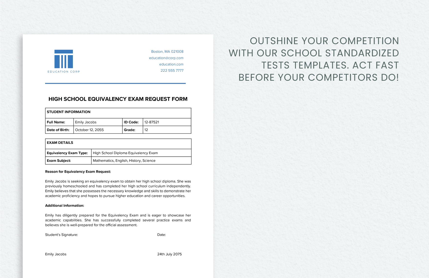 High School Equivalency Exam Request Form Template