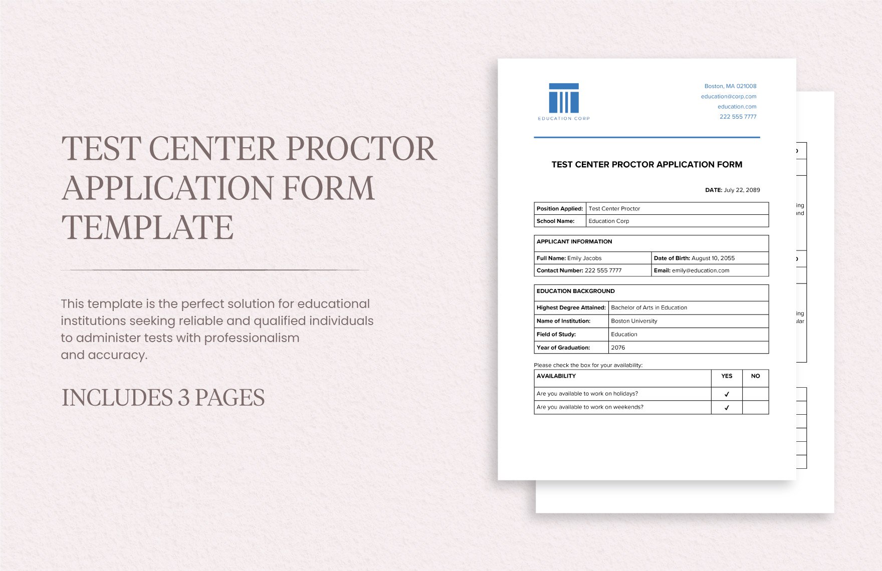 Test Center Proctor Application Form Template in Word, Google Docs, PDF