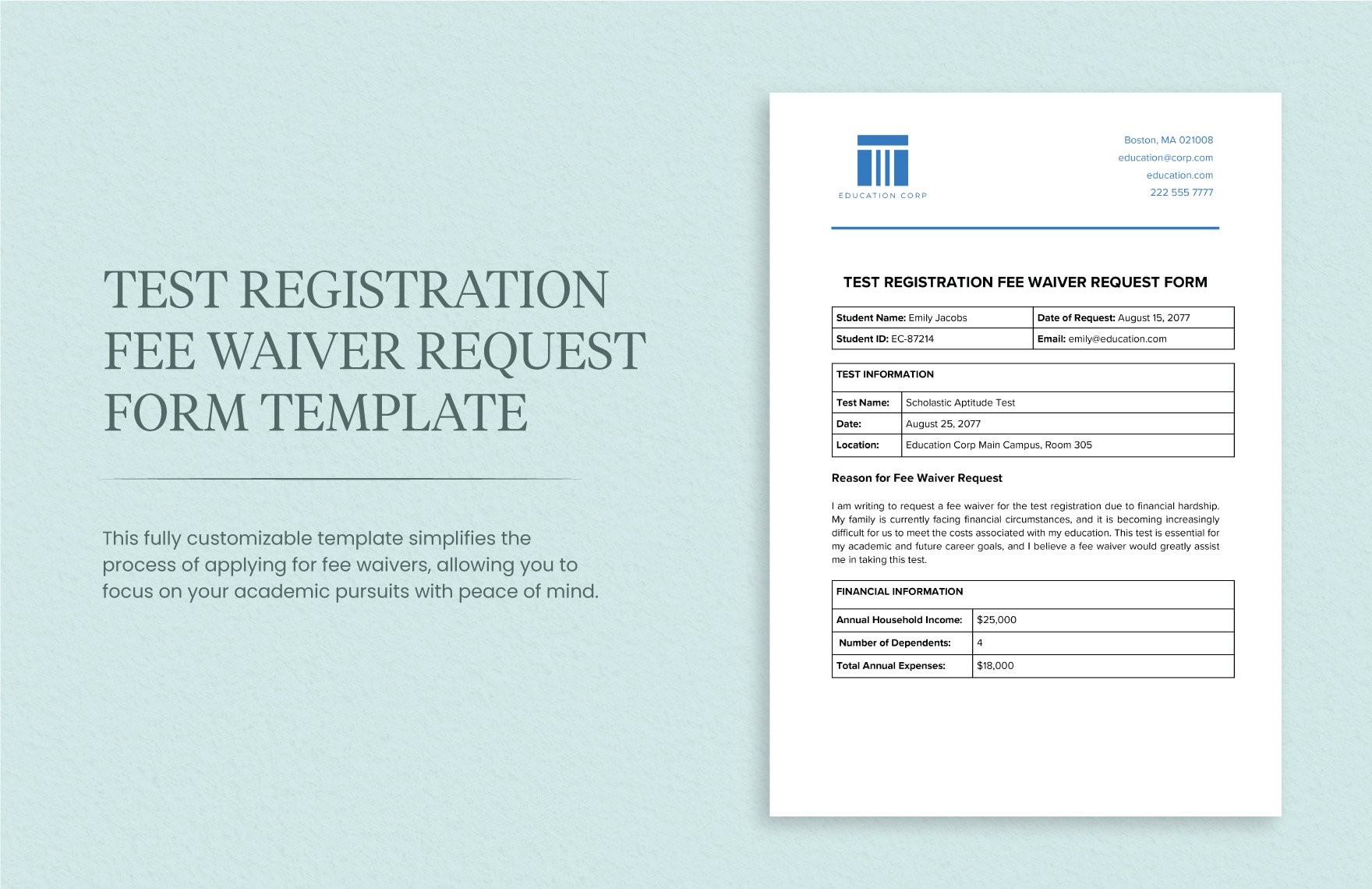 Test Registration Fee Waiver Request Form Template