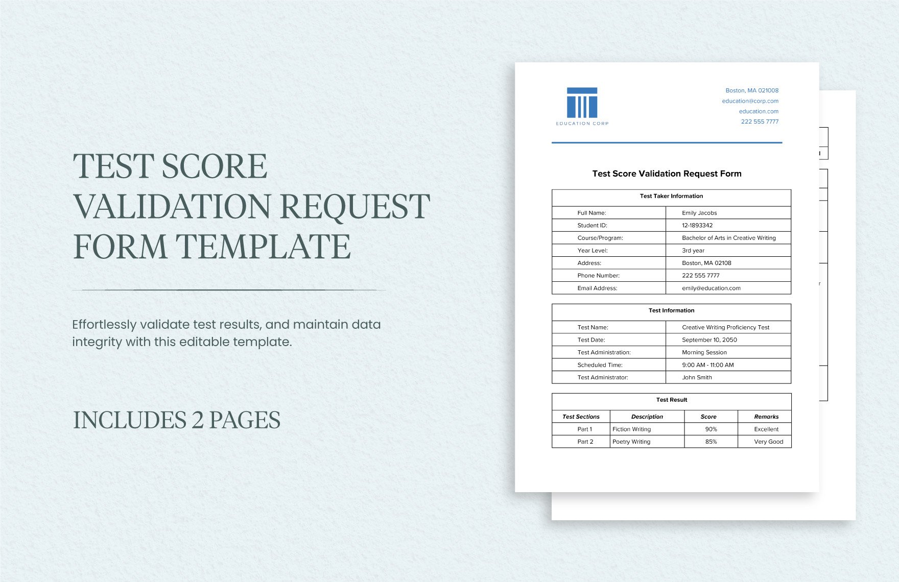 Test Score Validation Request Form Template