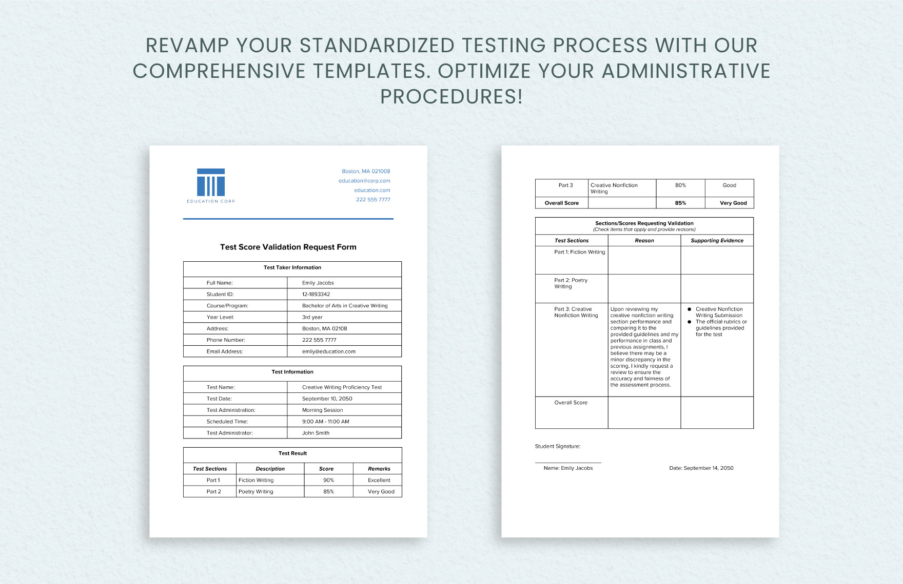 Test Score Validation Request Form Template