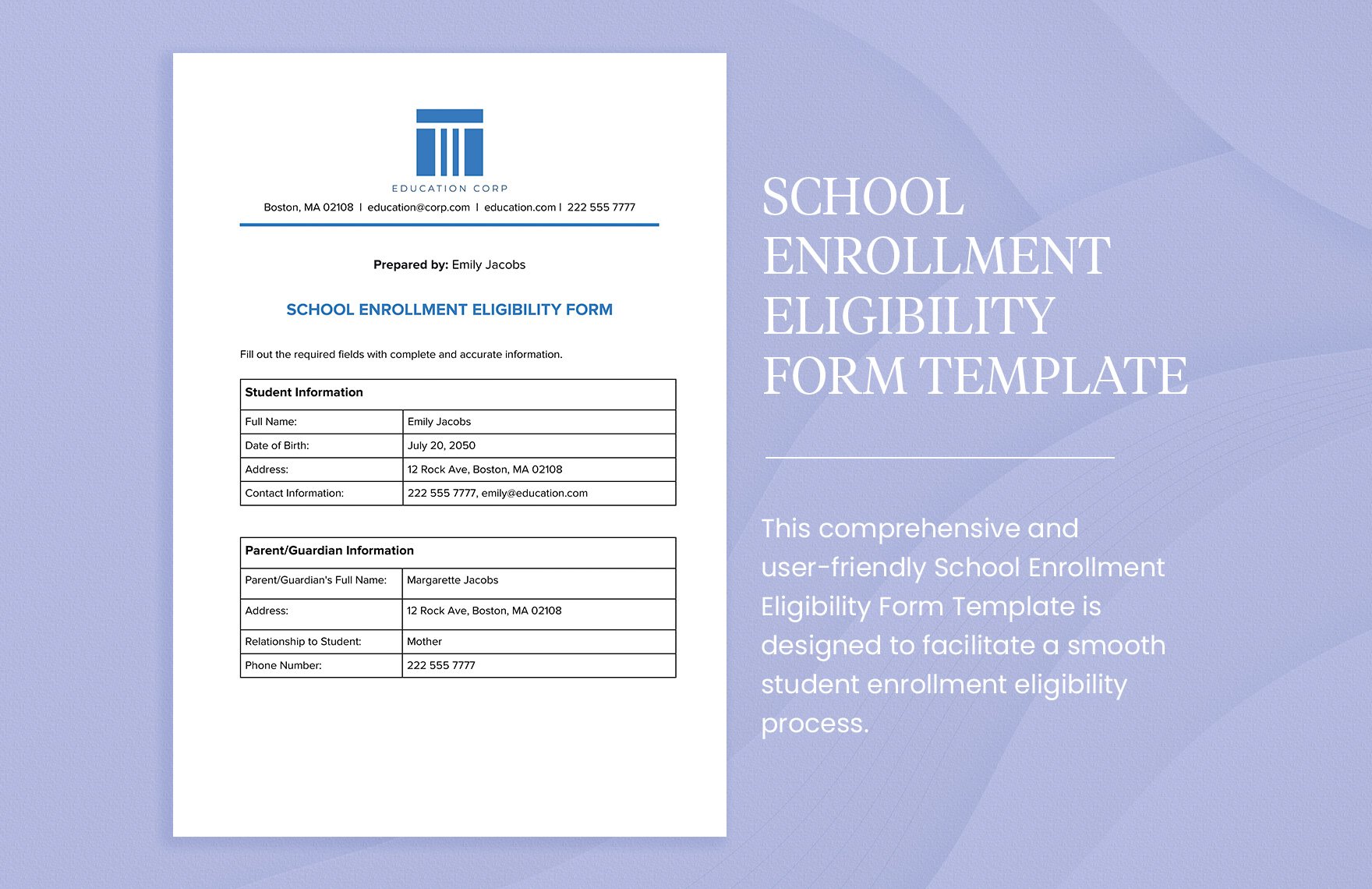 School Enrollment Eligibility Form Template