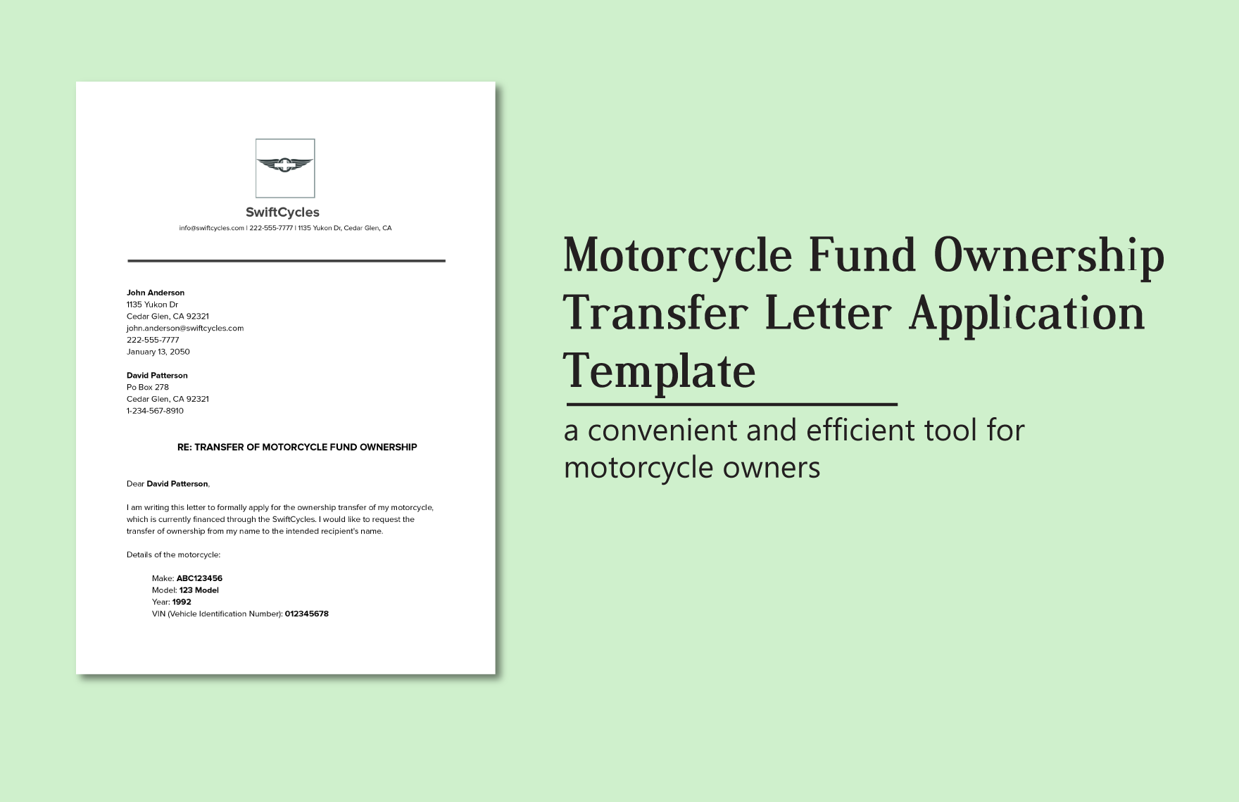 Motorcycle Fund Ownership Transfer Letter Application Template
