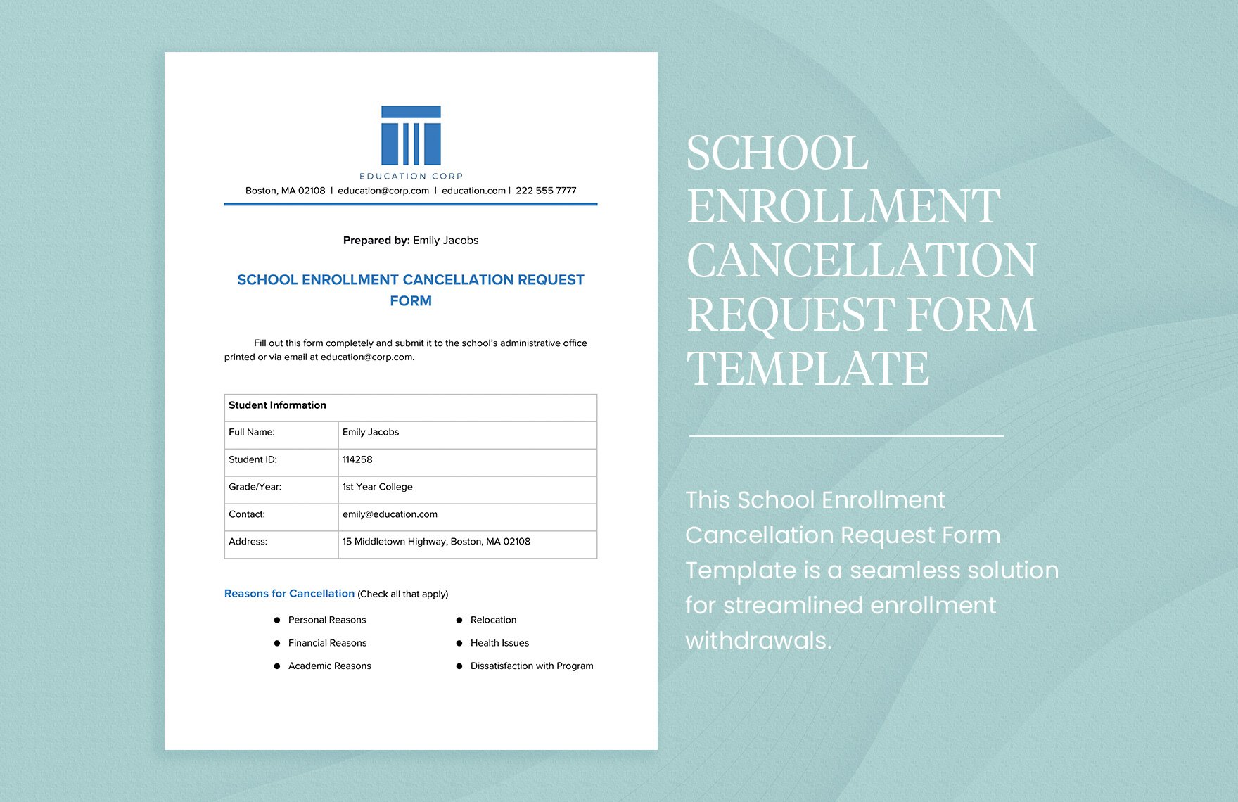 School Enrollment Cancellation Request Form Template