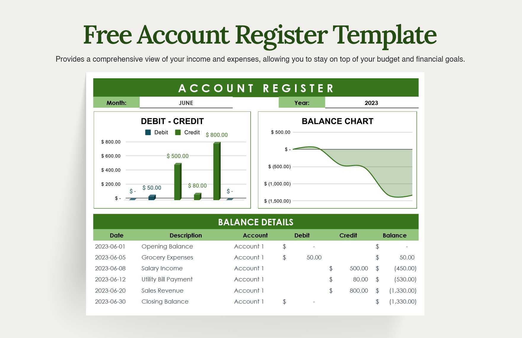 Free Account Register Template in Excel, Google Sheets