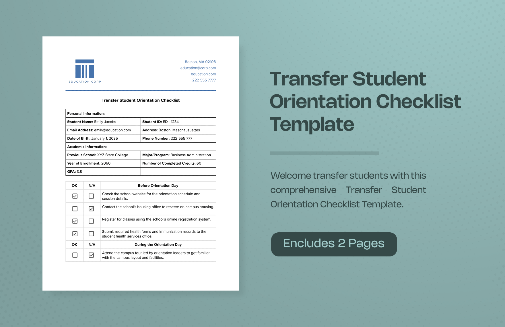 Transfer Student Orientation Checklist Template