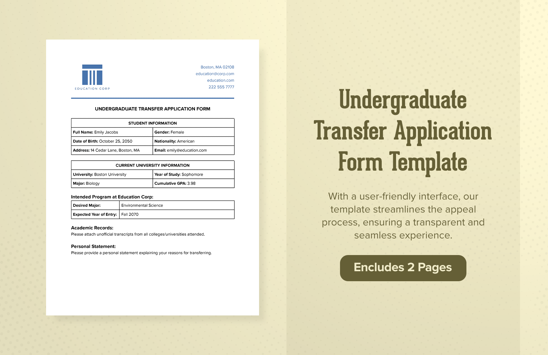 Undergraduate Transfer Application Form Template