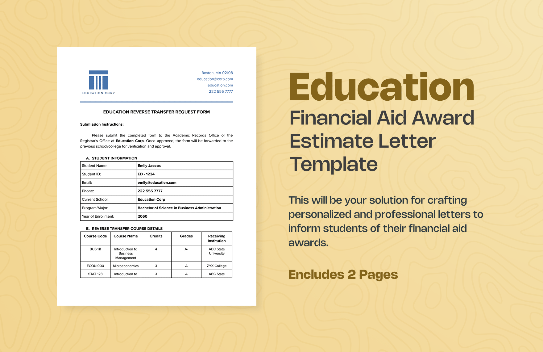 Education Financial Aid Award Estimate Letter Template