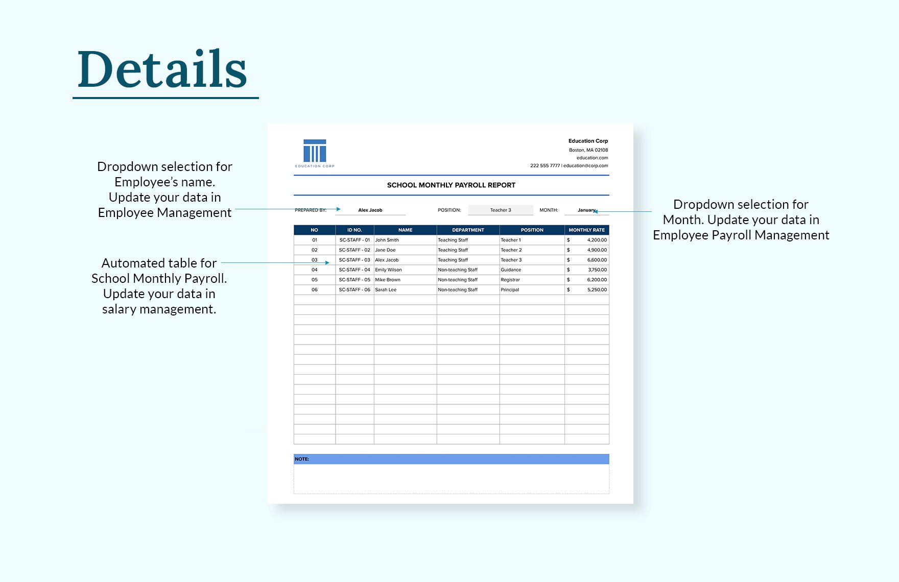 School Monthly Payroll Report Template