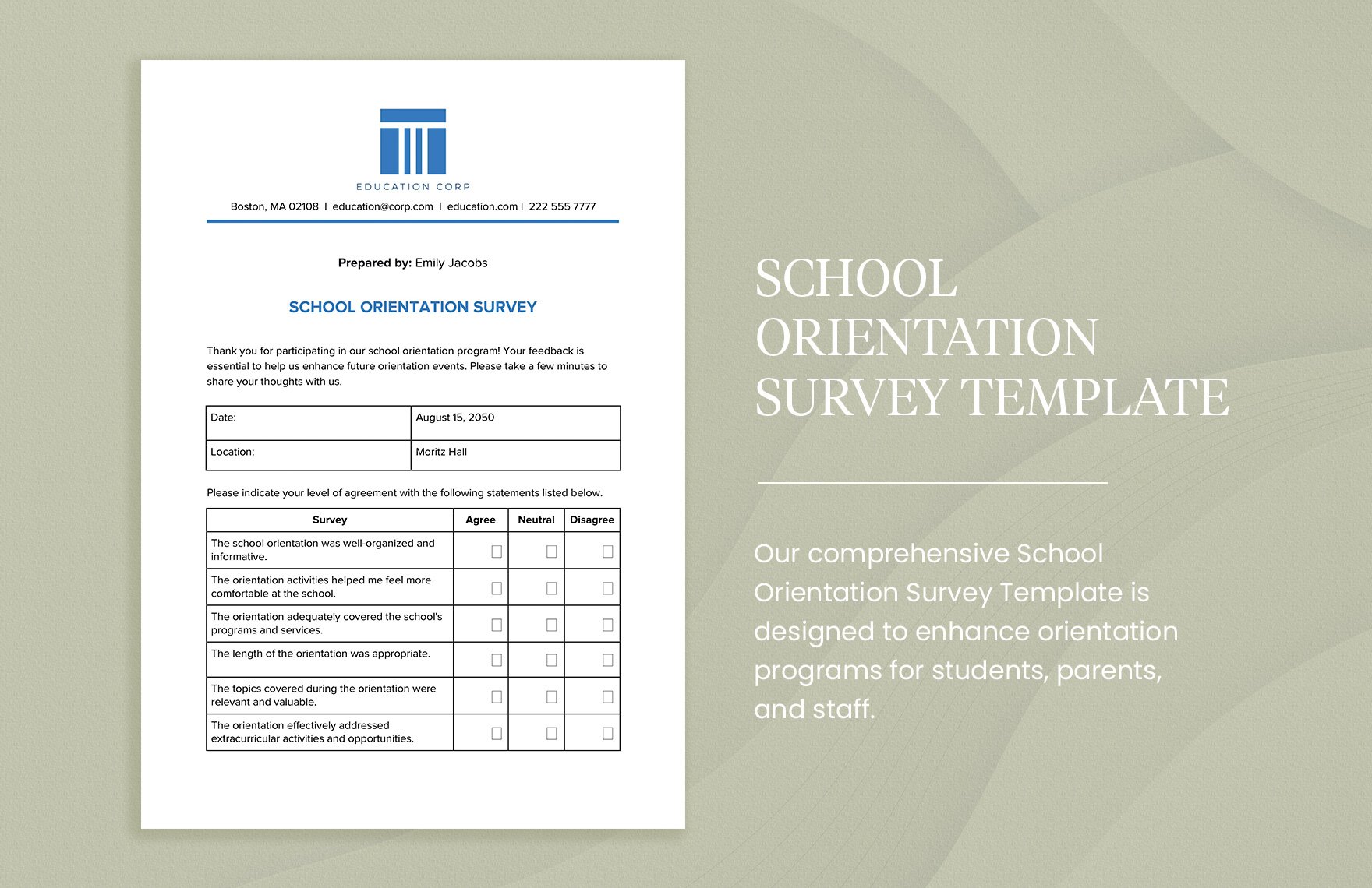 School Orientation Survey Template in Word, Google Docs, PDF