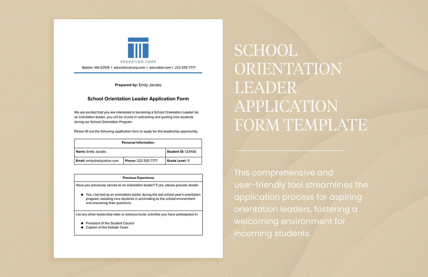School Orientation Leader Application Form Template