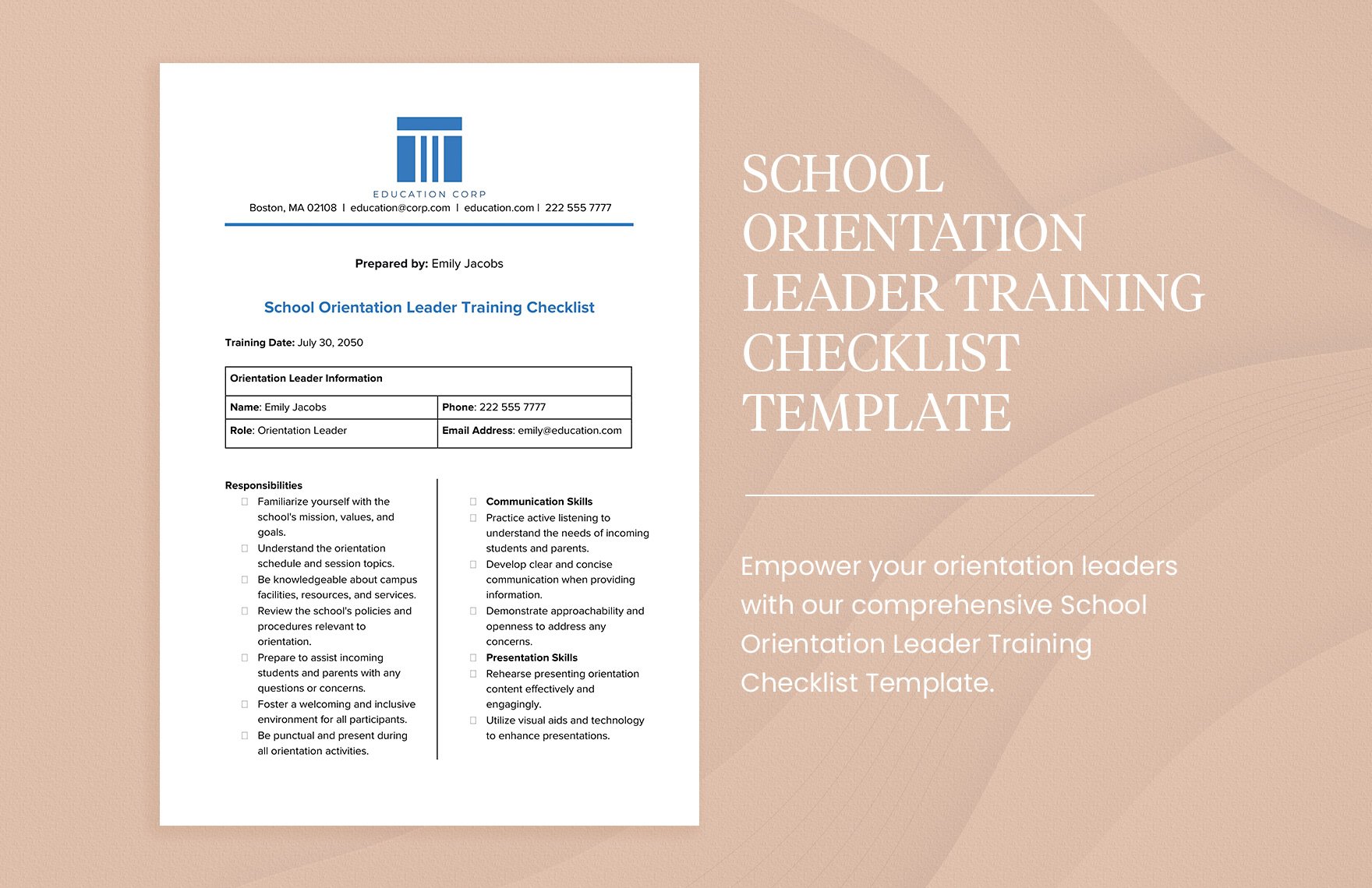 School Orientation Leader Training Checklist Template