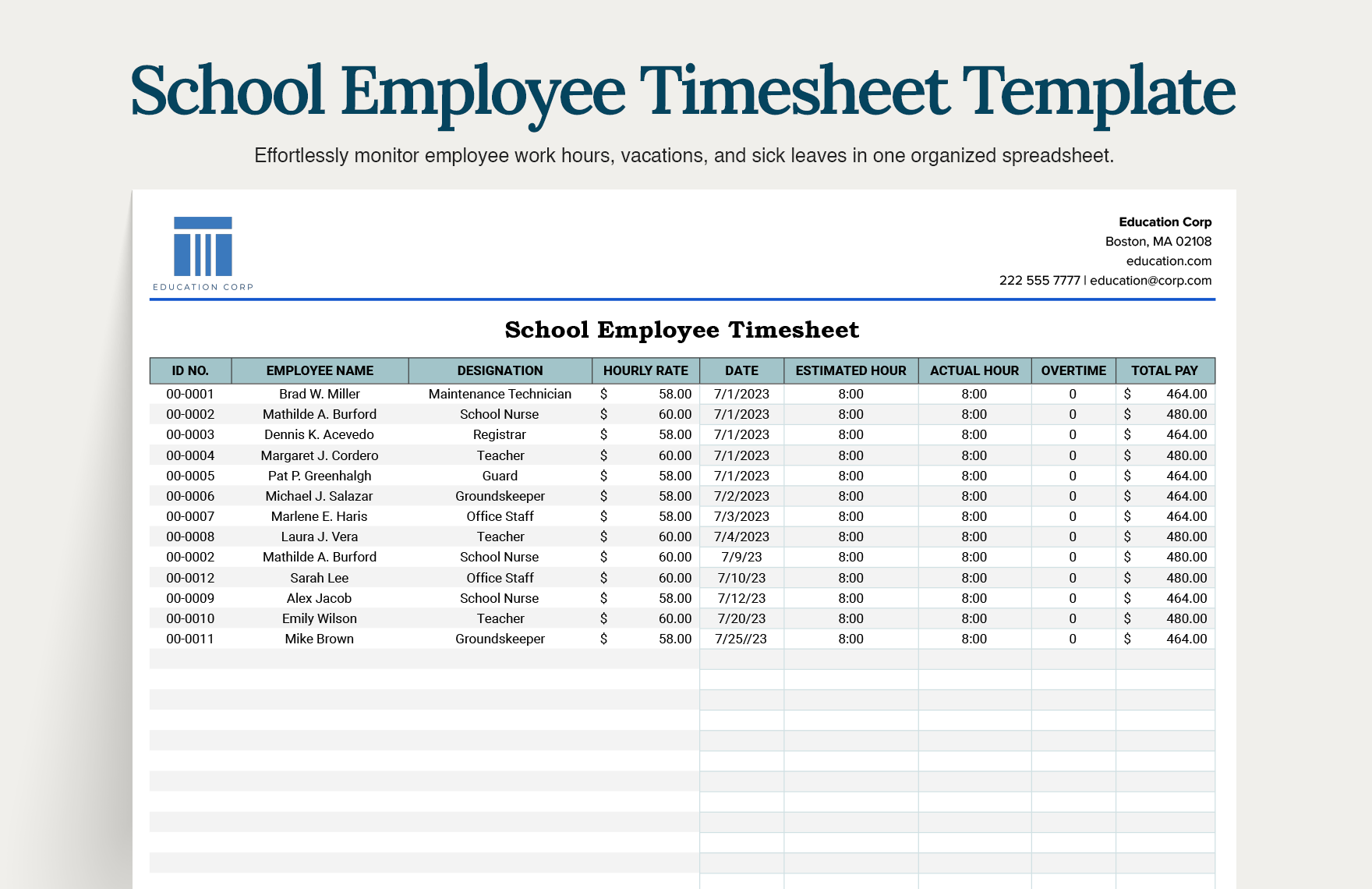 School Employee Timesheet Template