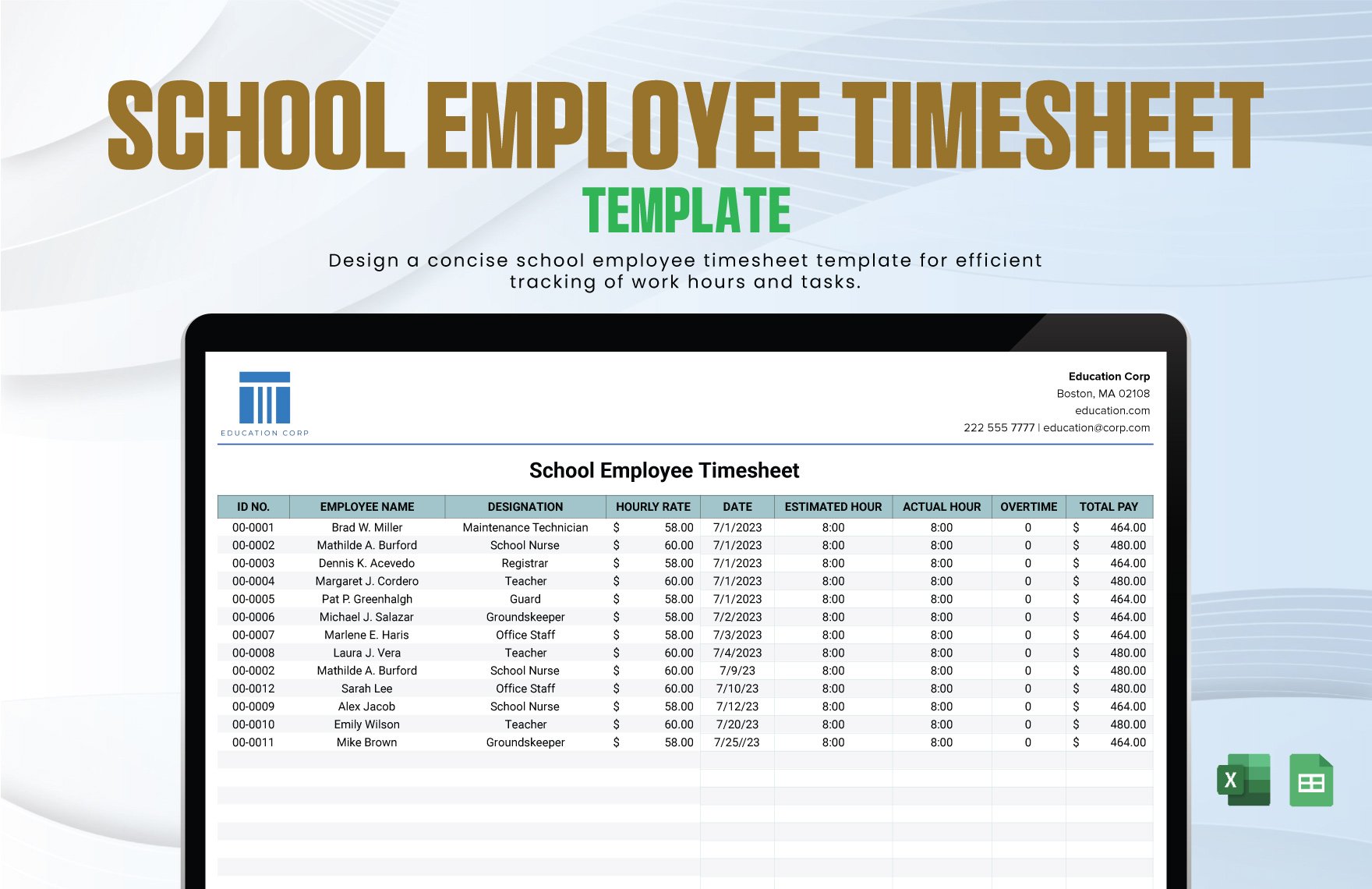 School Employee Timesheet Template in Excel, Google Sheets