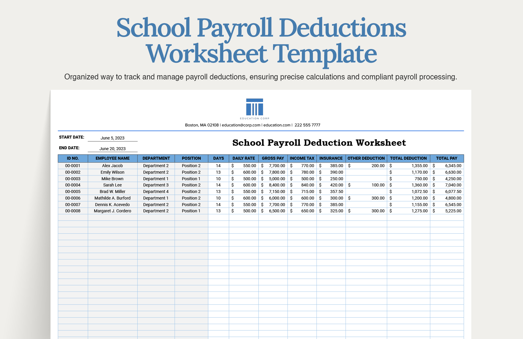 School Payroll Deductions Worksheet Template