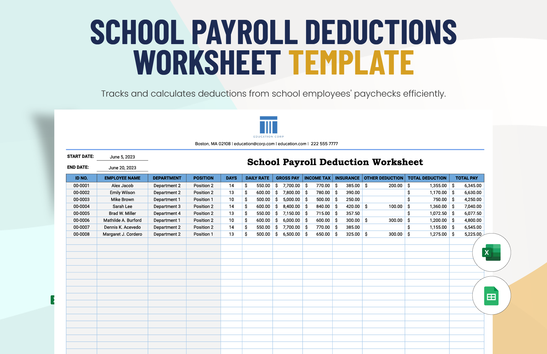 School Payroll Deductions Worksheet Template in Excel, Google Sheets