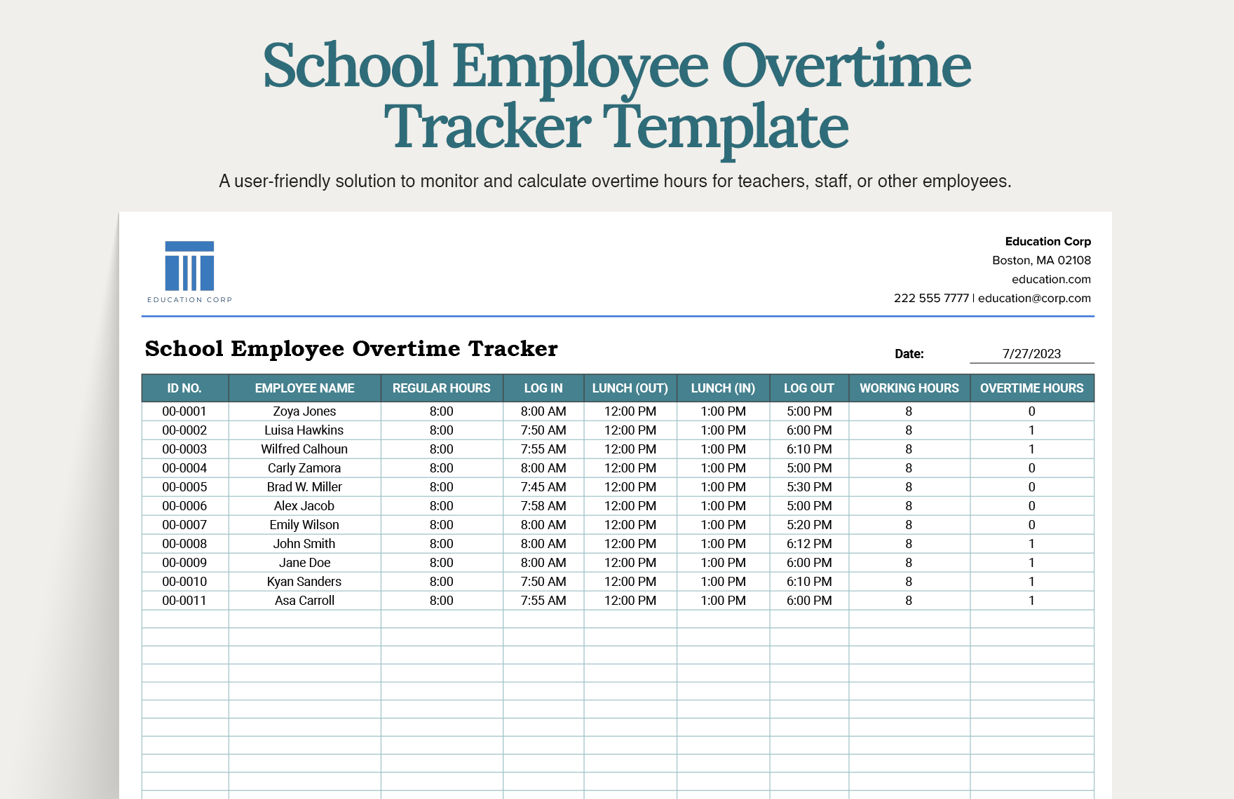 School Employee Overtime Tracker Template