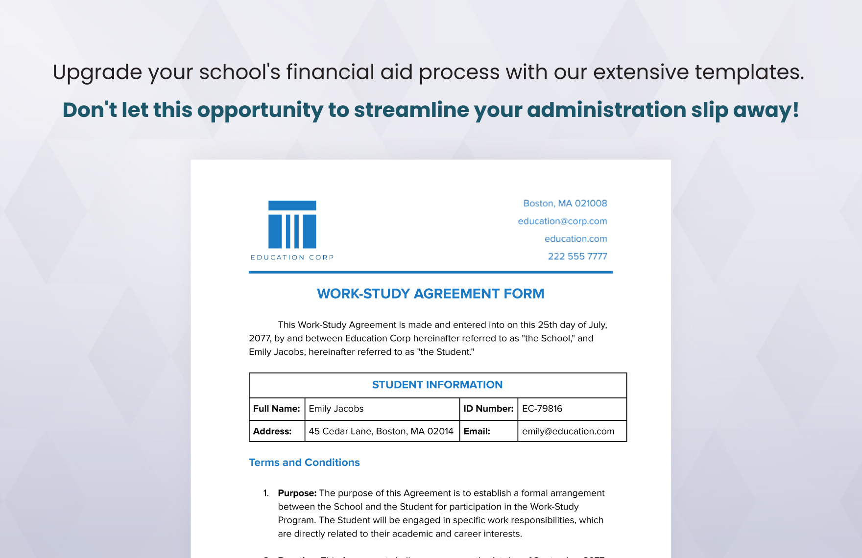 Work-Study Agreement Form Template