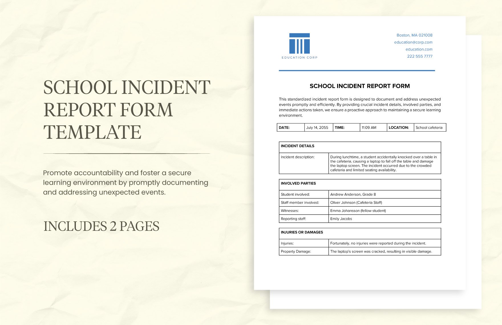 School Incident Report Form Template