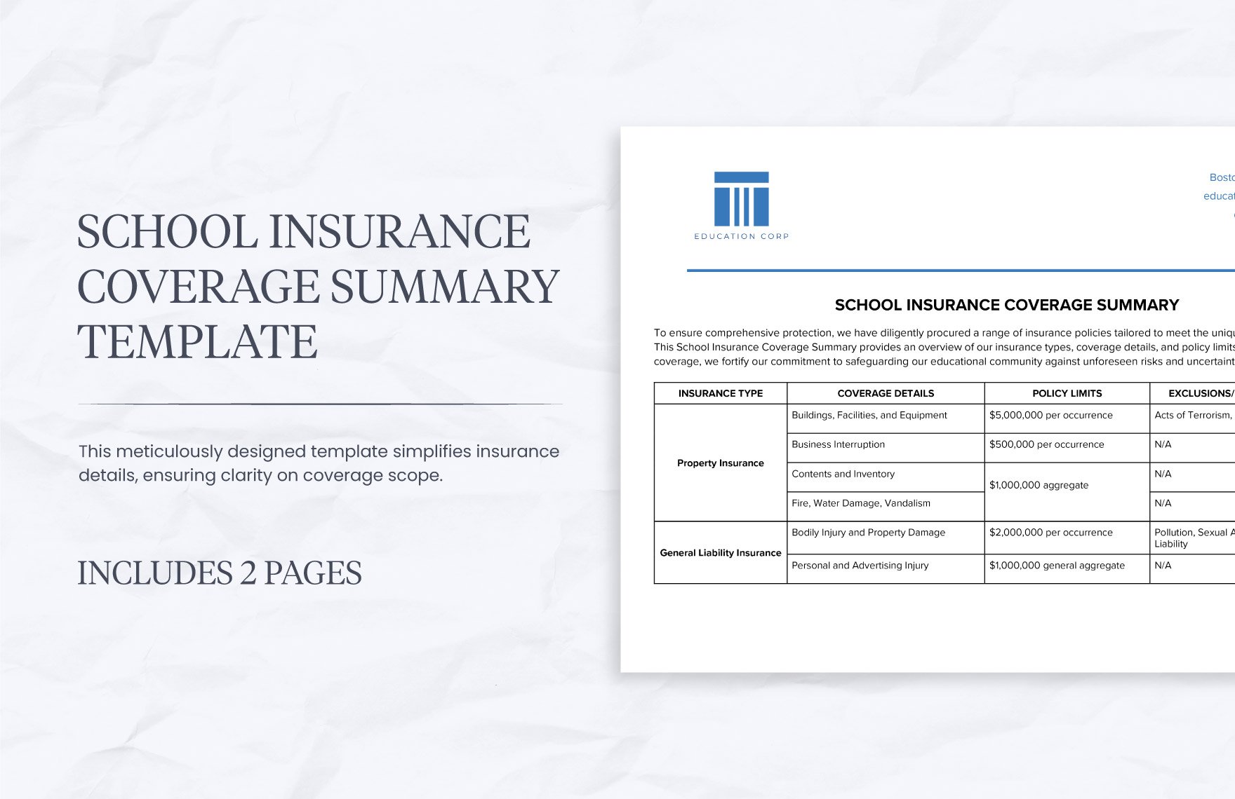 School Insurance Coverage Summary Template