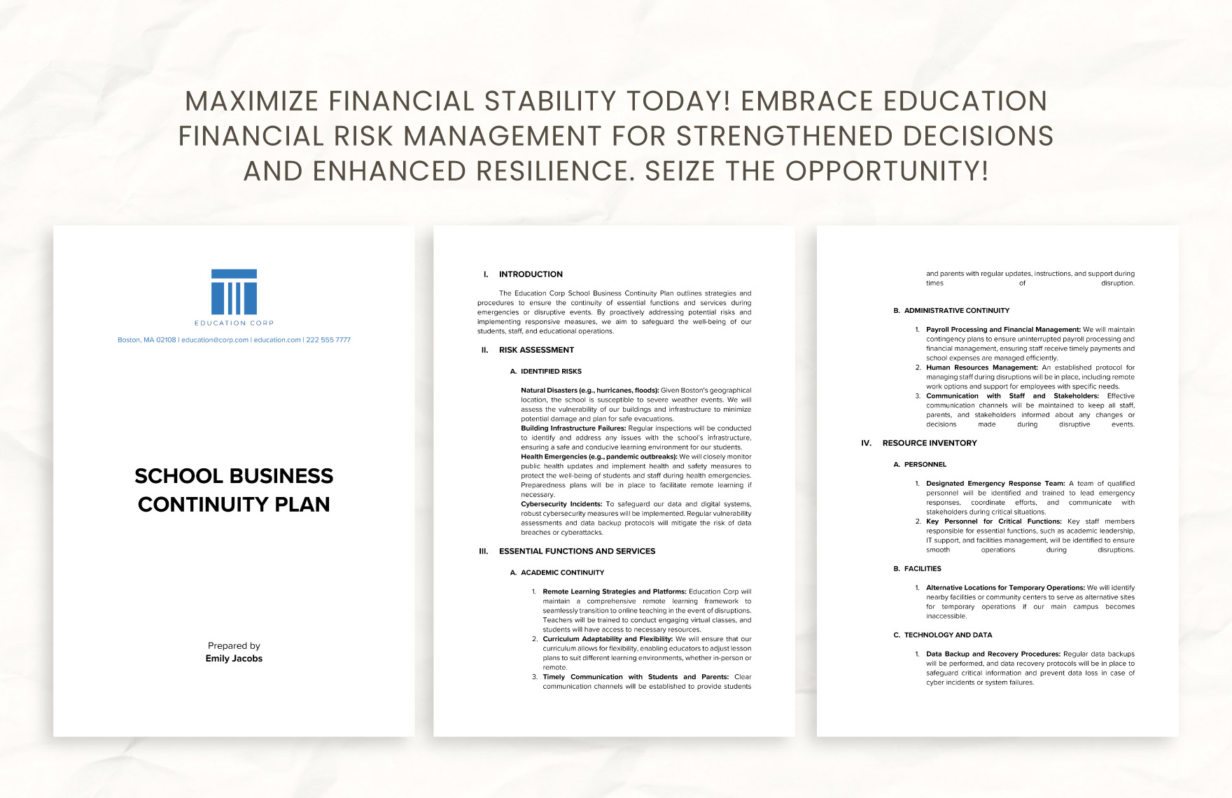 School Business Continuity Plan Template