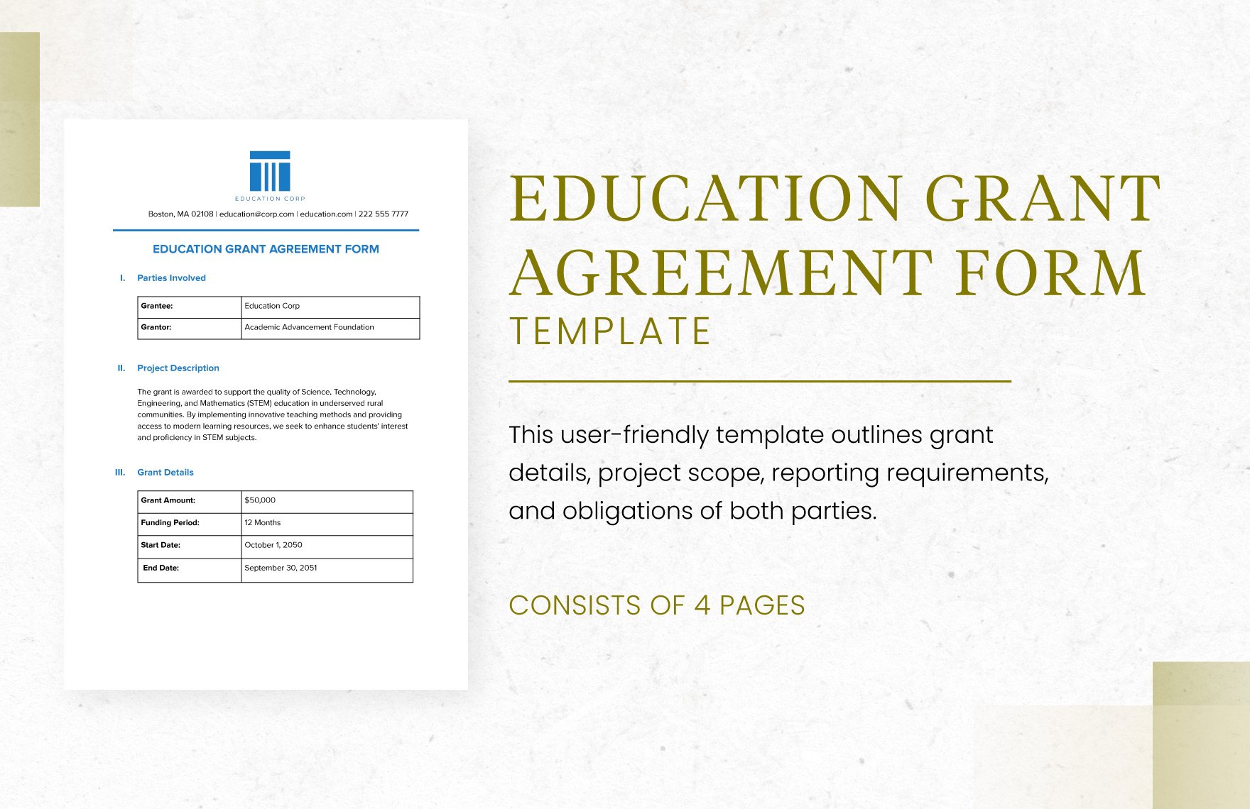 Education Grant Agreement Form Template in Word, Google Docs, PDF