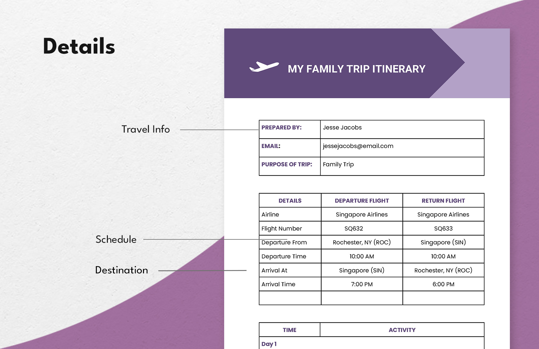 Itinerary with Table Template