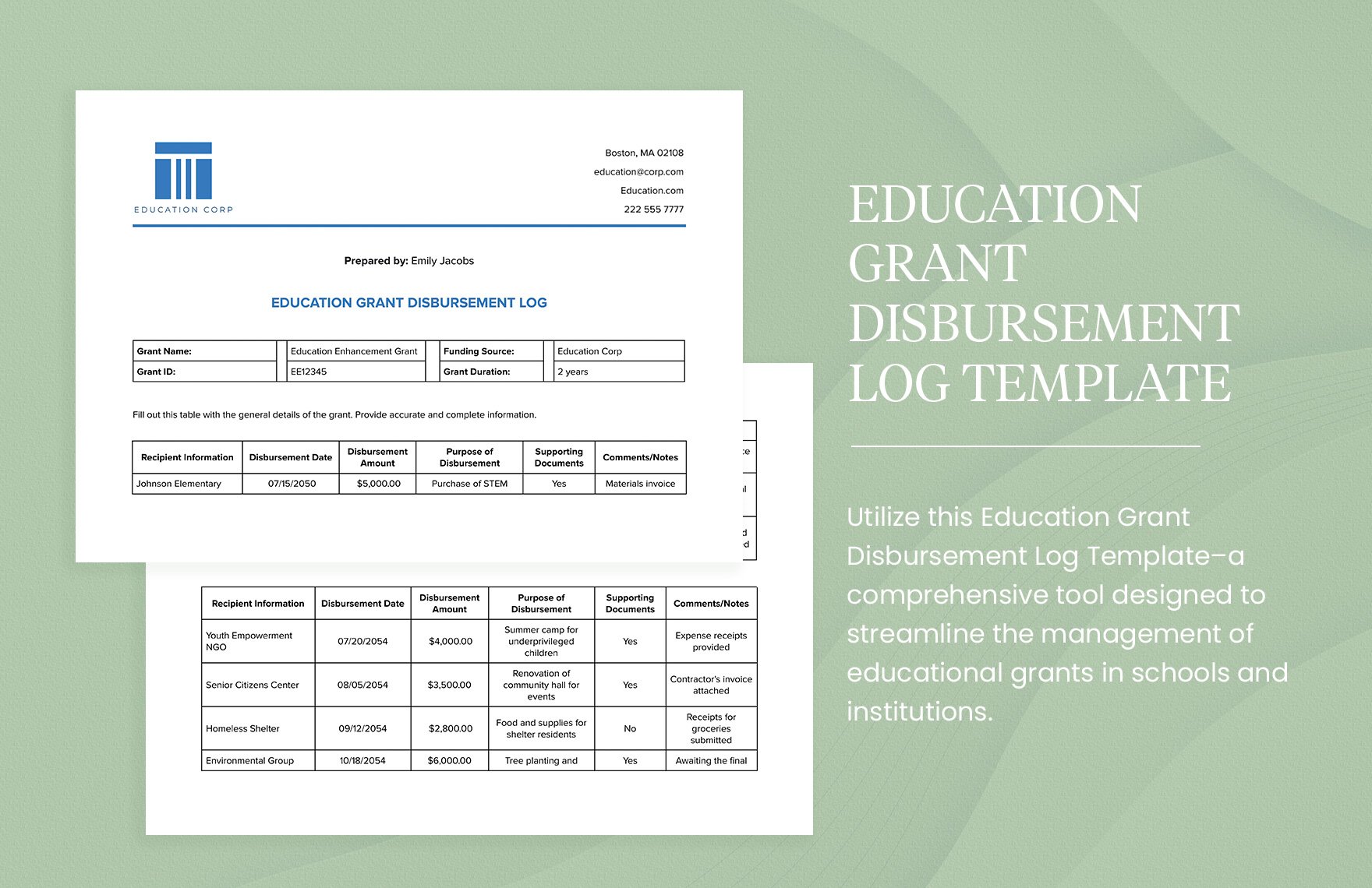 Education Grant Disbursement Log Template in Word, Google Docs, PDF