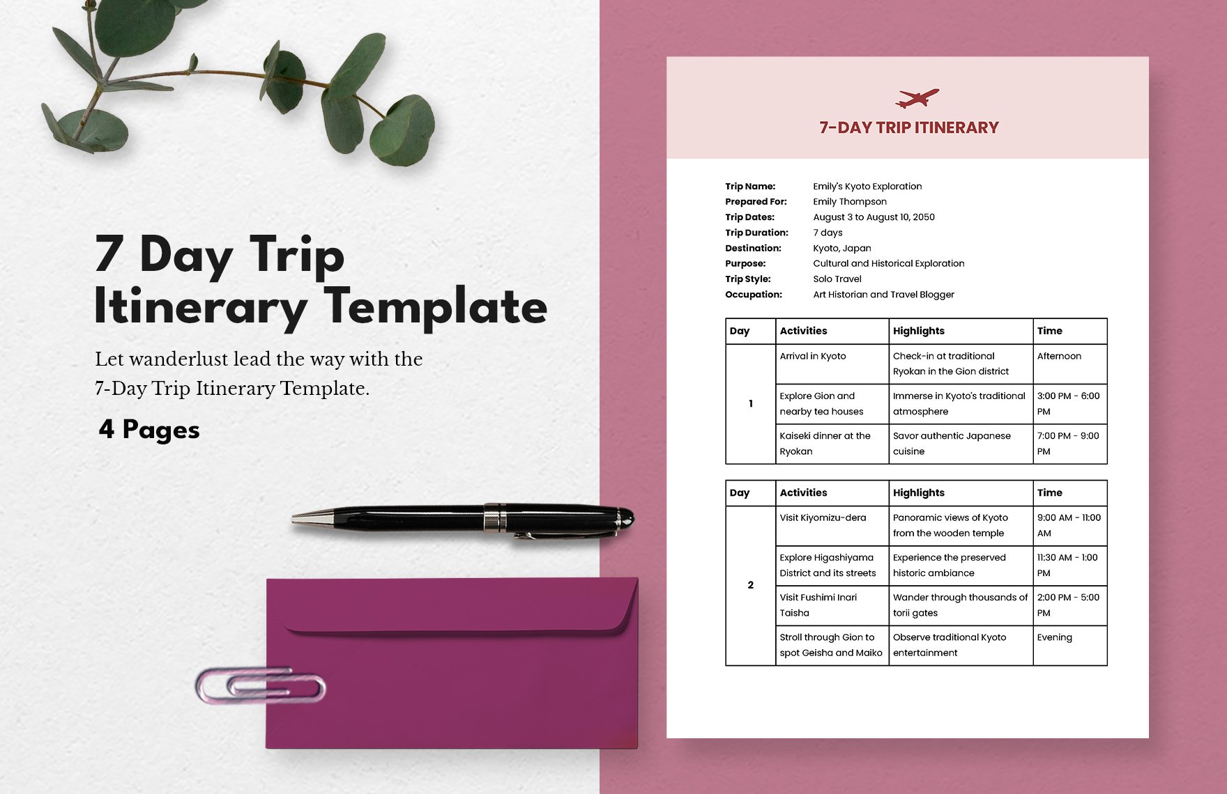 7 Day Trip Itinerary Template in Word, Google Docs, PDF, Apple Pages