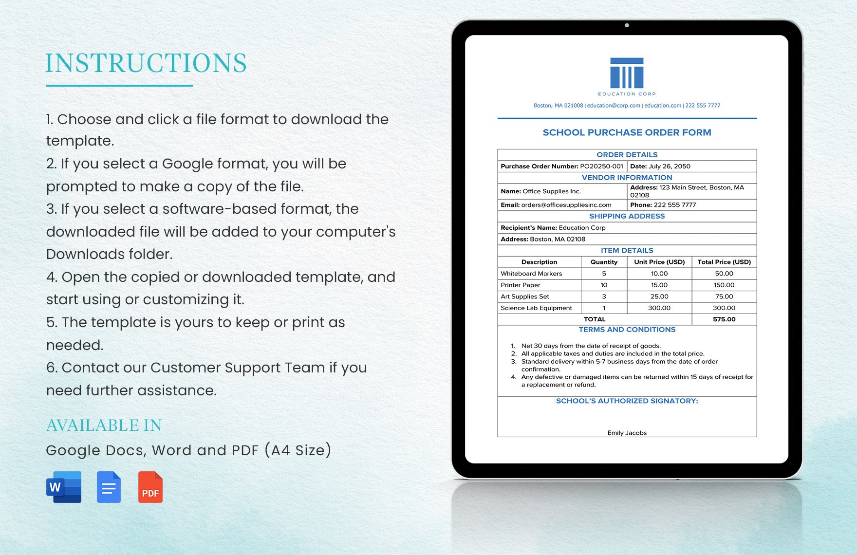 School Purchase Order Form Template