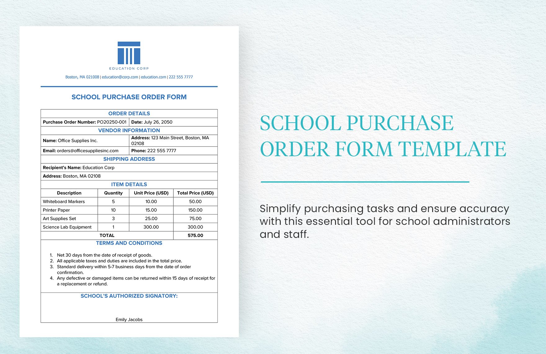 School Purchase Order Form Template