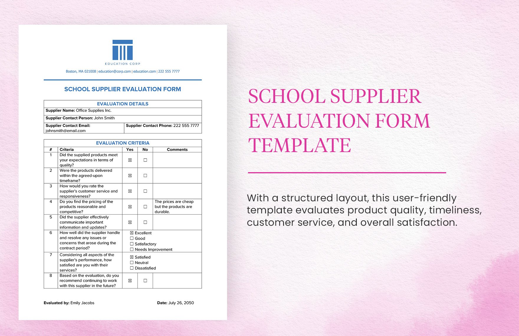 School Supplier Evaluation Form Template in Word, Google Docs, PDF