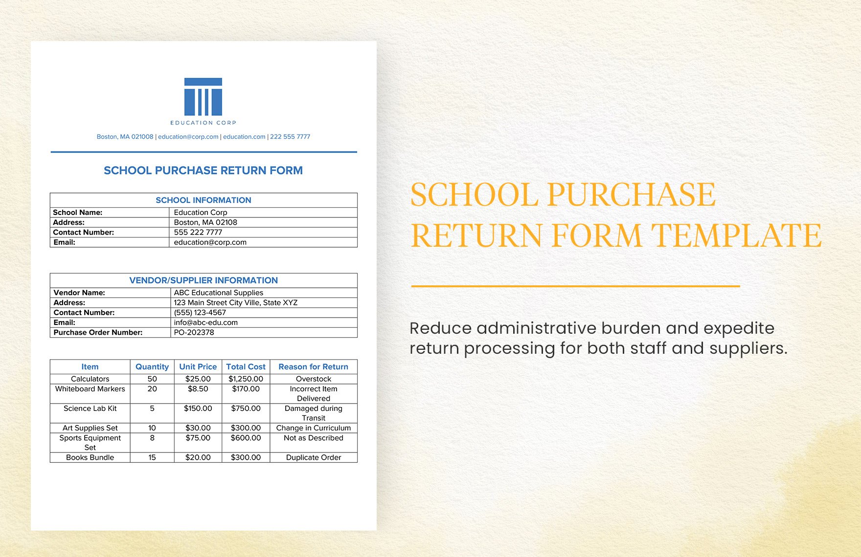 School Purchase Return Form Template