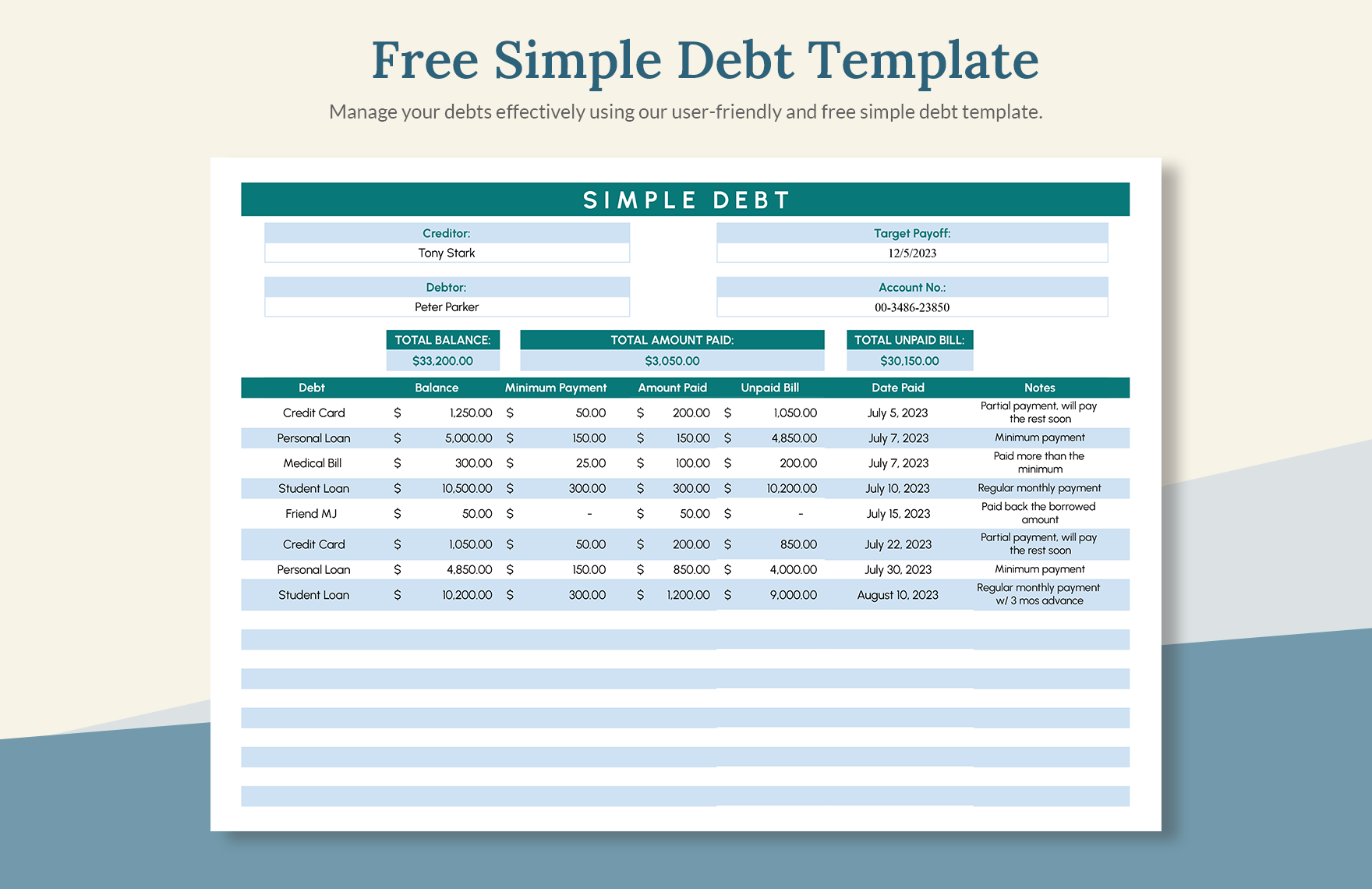 Free Simple Debt Template in Excel, Google Sheets