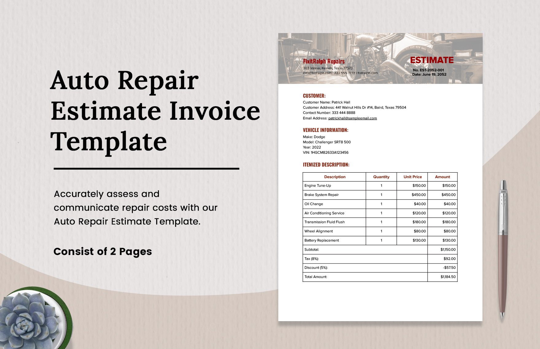 Auto Repair Estimate Invoice 