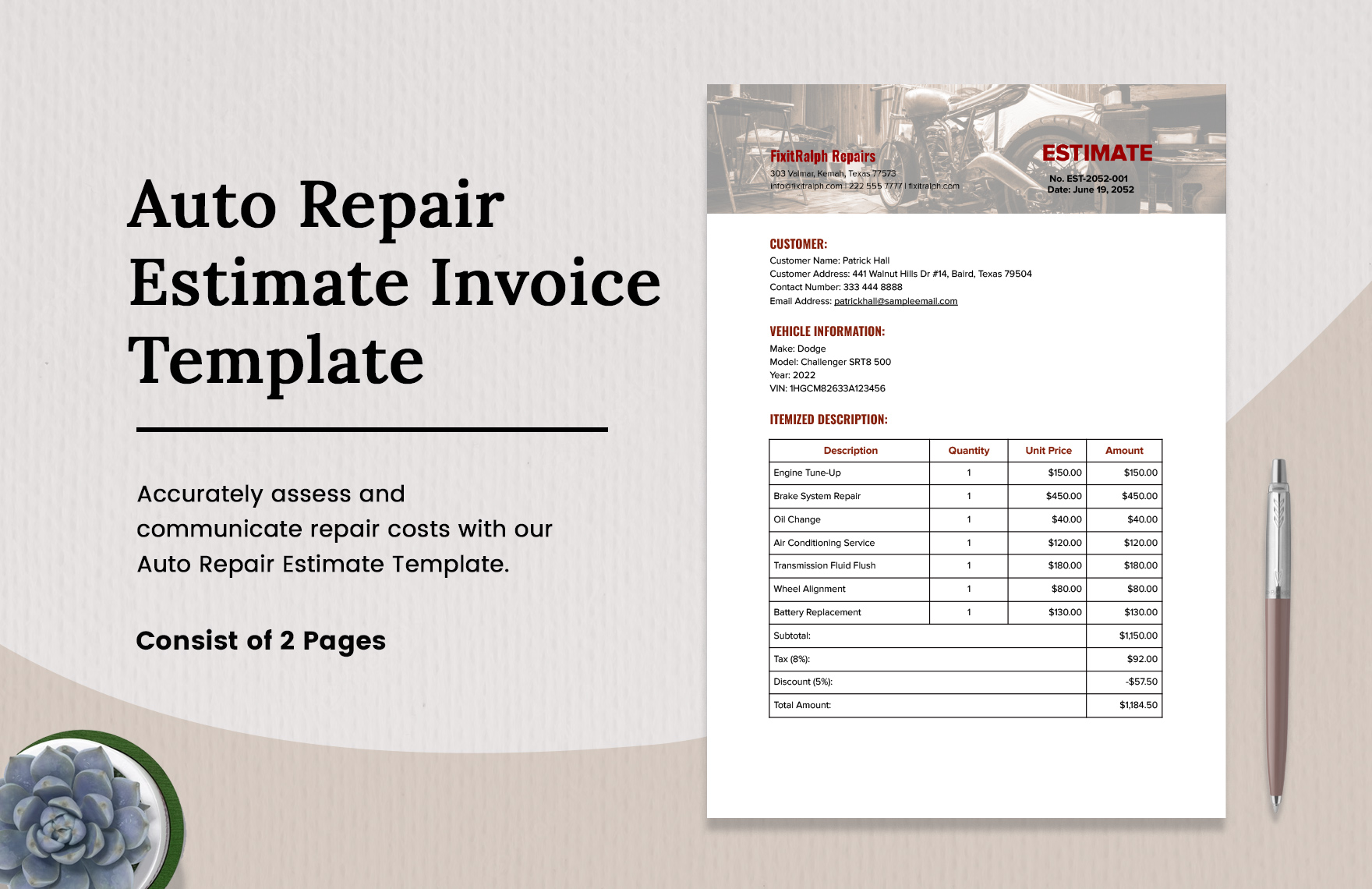 Auto Repair Estimate Invoice