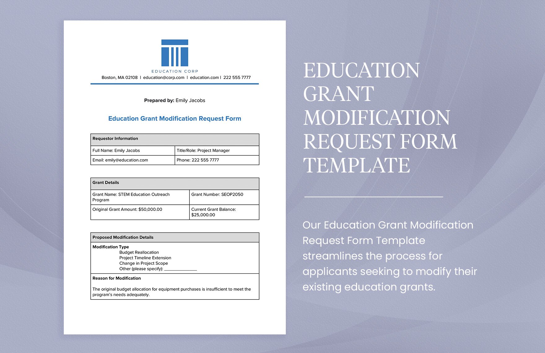 Education Grant Modification Request Form Template