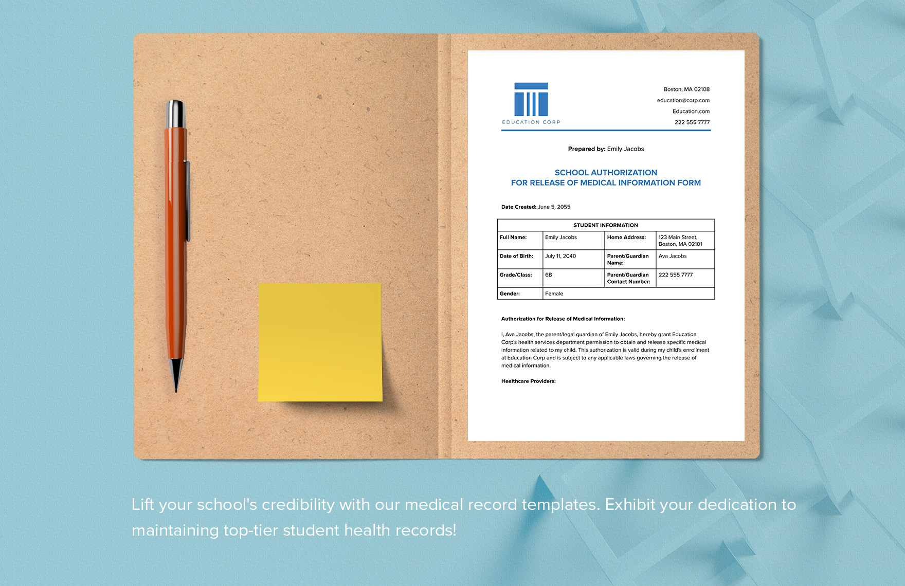 School Authorization for Release of Medical Information Form Template