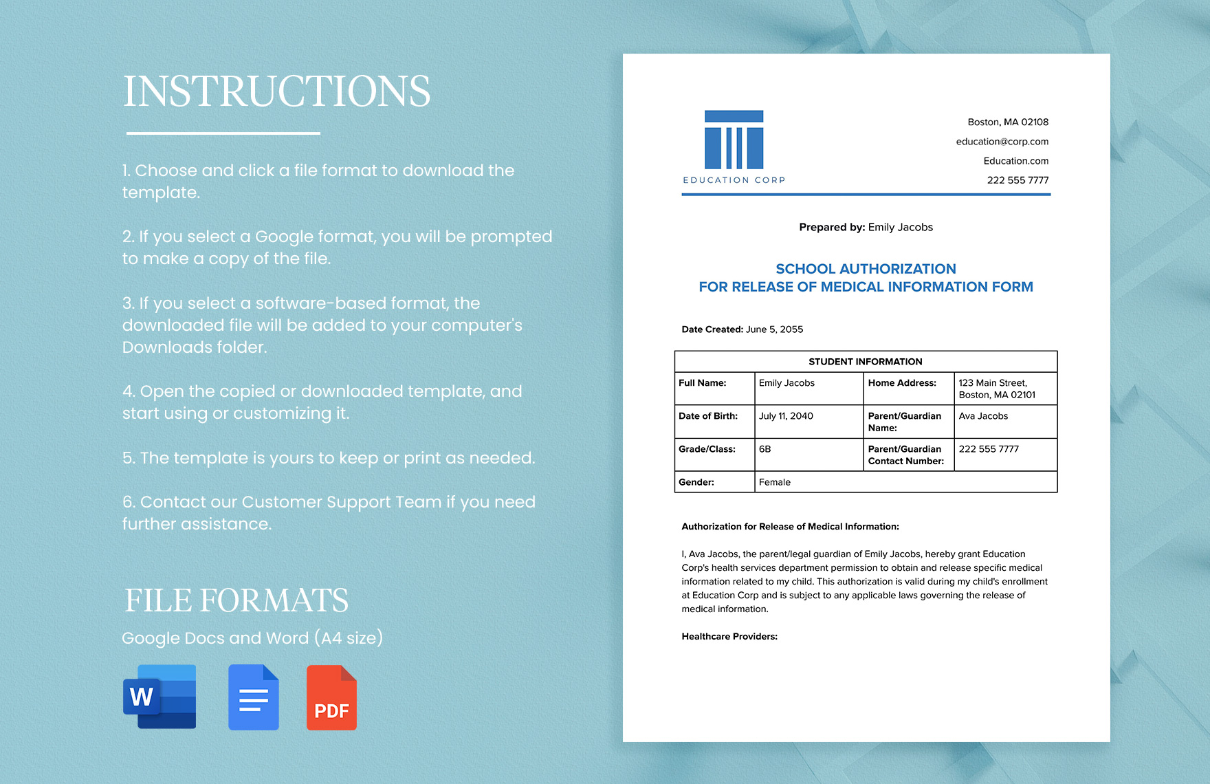 School Authorization for Release of Medical Information Form Template