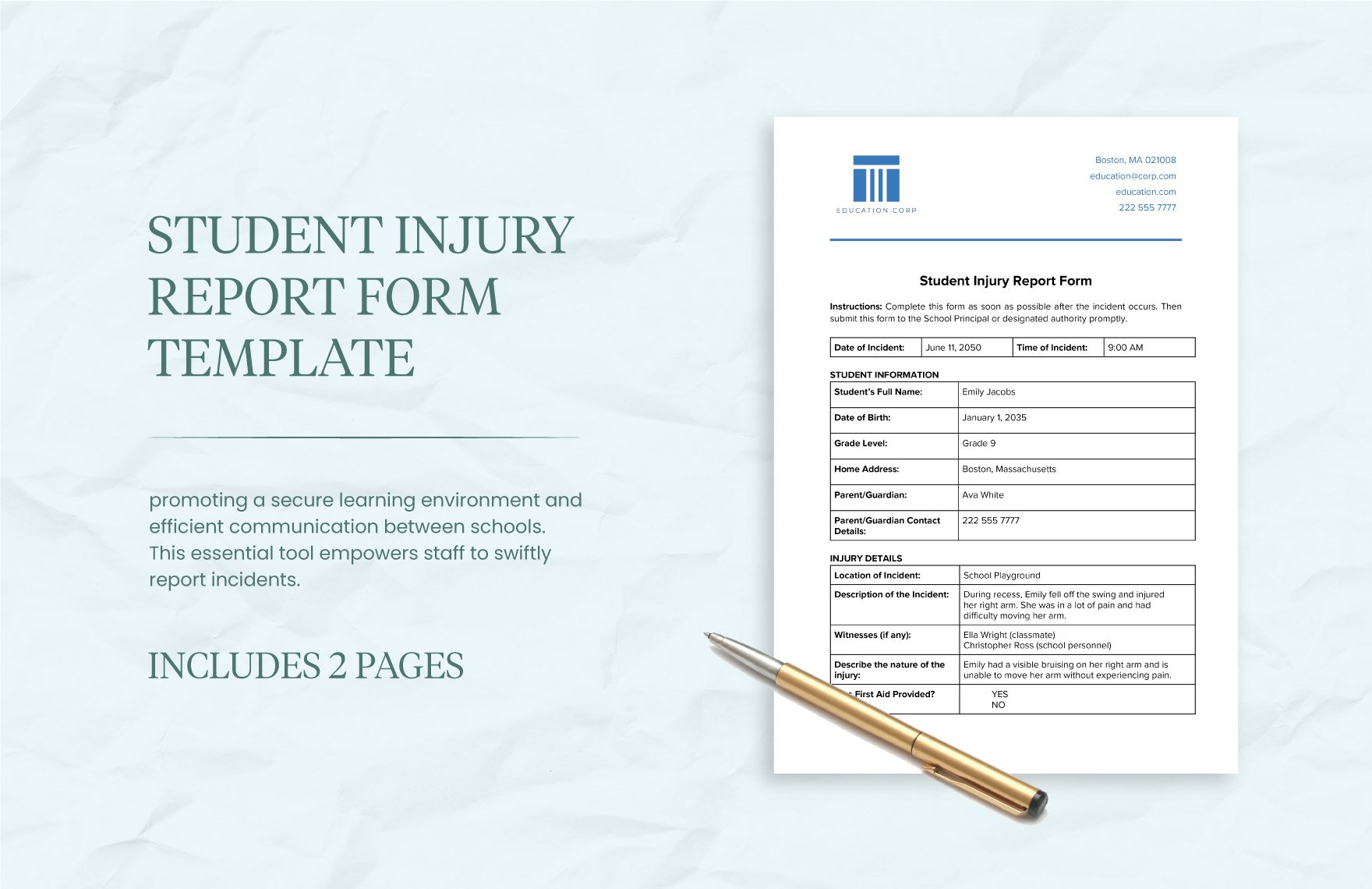 Student Injury Report Form Template