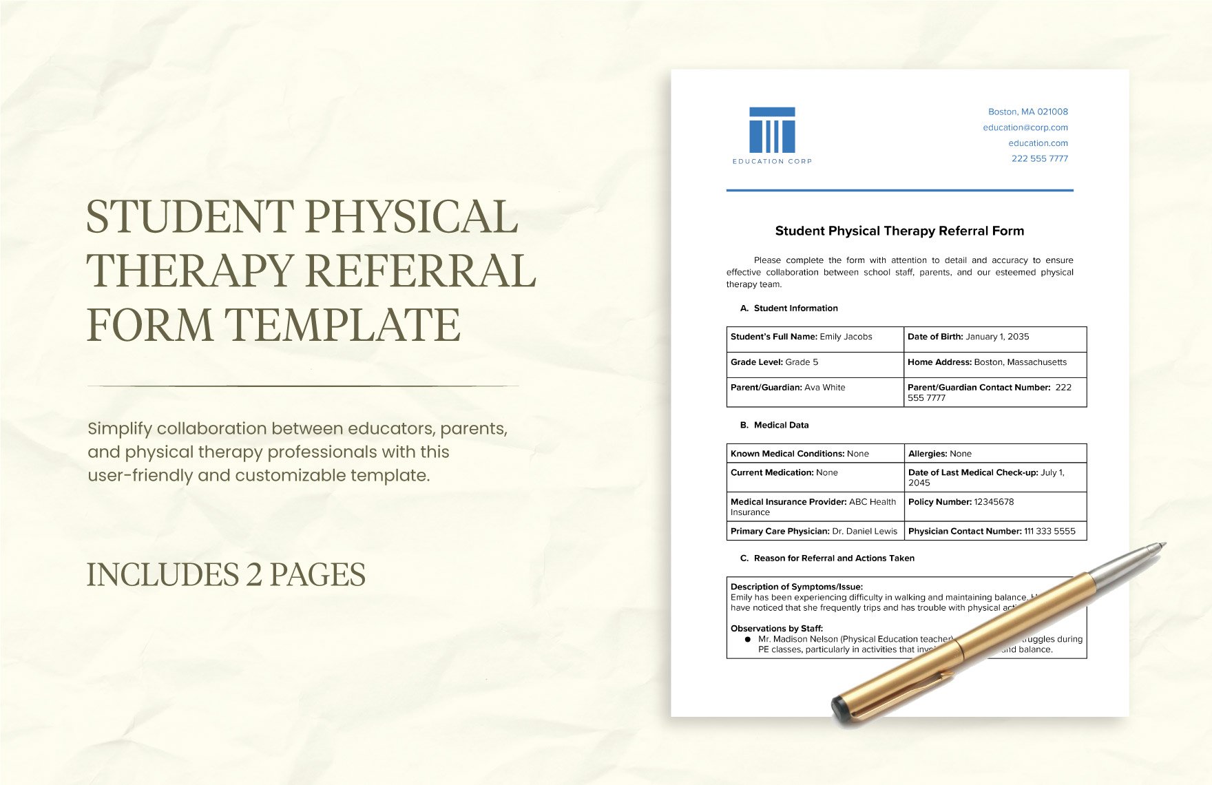 Student Physical Therapy Referral Form Template