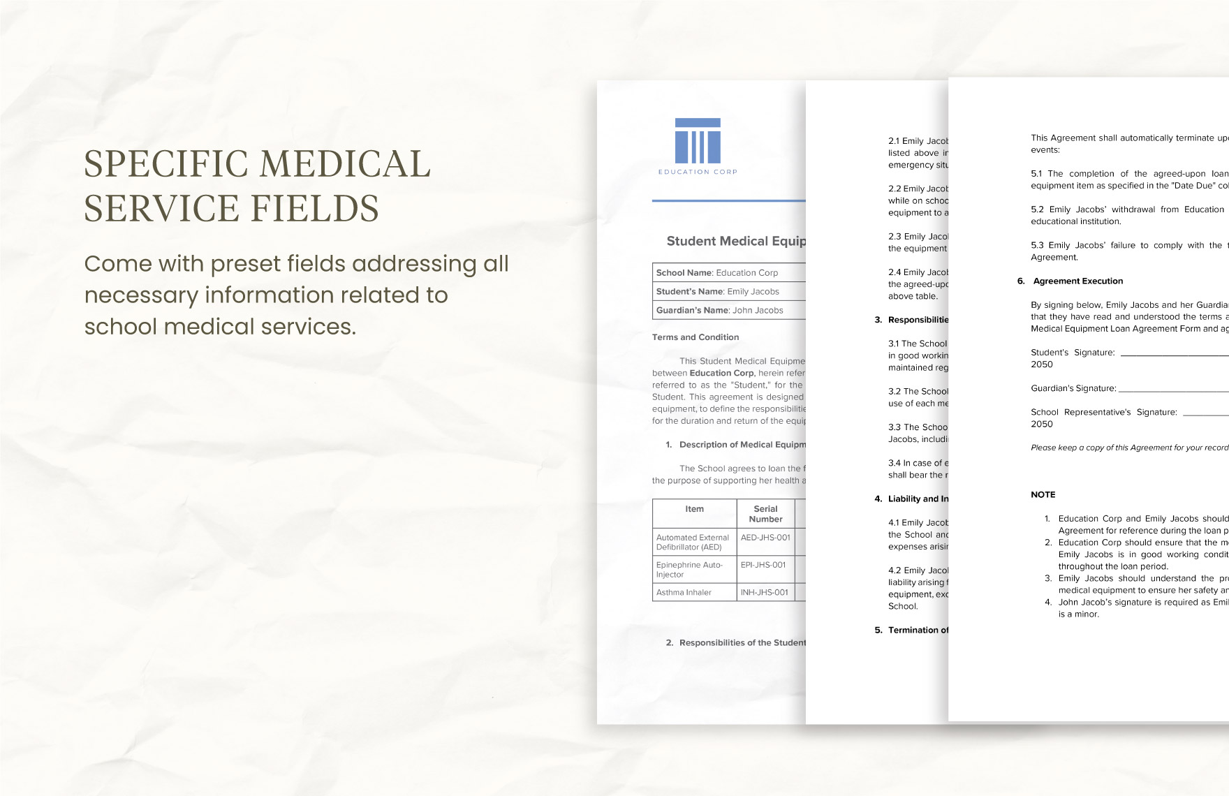 Student Medical Equipment Loan Agreement Form Template